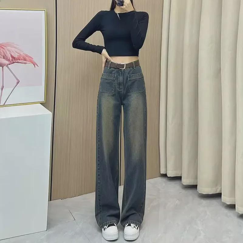 VantaGoods Dames jeans met hoge taille en wijde pijpen en zakken in cementgrijs Small