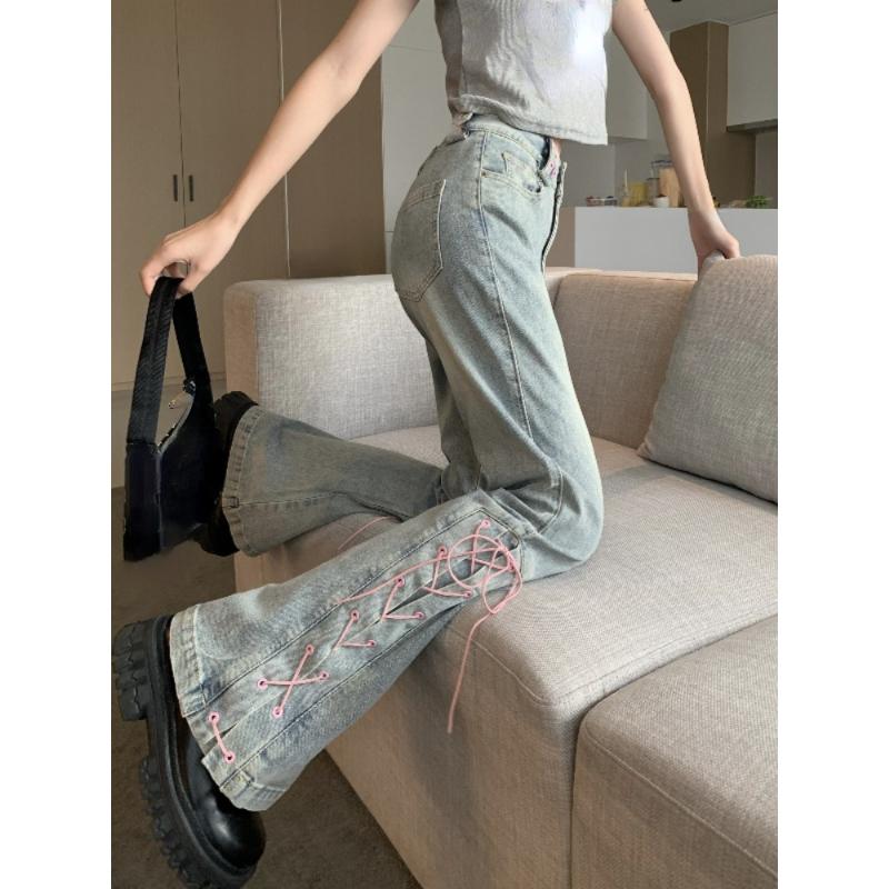Exotic Hoge Taille Slanke Flare Broek Vrouwen Casual Vintage Wijde Pijpen Jeans Pure Kleur Koreaanse Stijl Denim Broek Vrouwelijke 2023 Lente Ontwerp XL lichtblauwe kleur