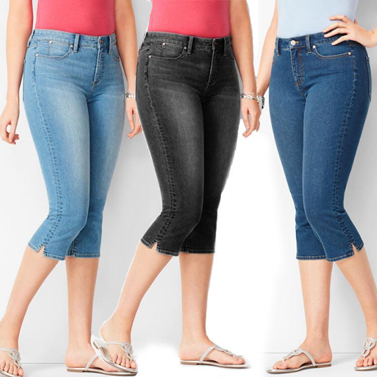 Hey23coming Damesjeans Zwarte denimbroek Dames cropped broek Magere knielange jeans Dames elastische hoge taille moederjeans Oversize 2XL zwart