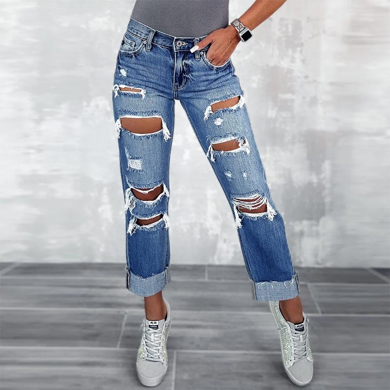 Omena Nieuwe gescheurde jeans vrouw dames hoge streetwear 2XL