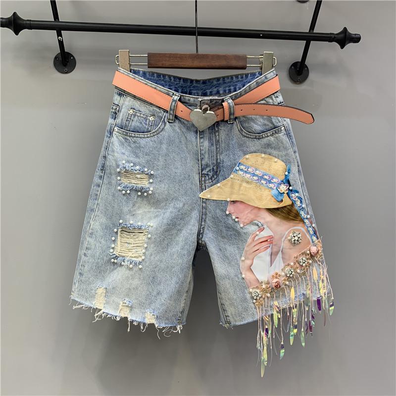 Doran Zomer Damesjeans Koreaanse Mode Gat Gescheurd Kralen Vintage Gedrukt Knielengte Denim Broek Y2K High Street M blauw