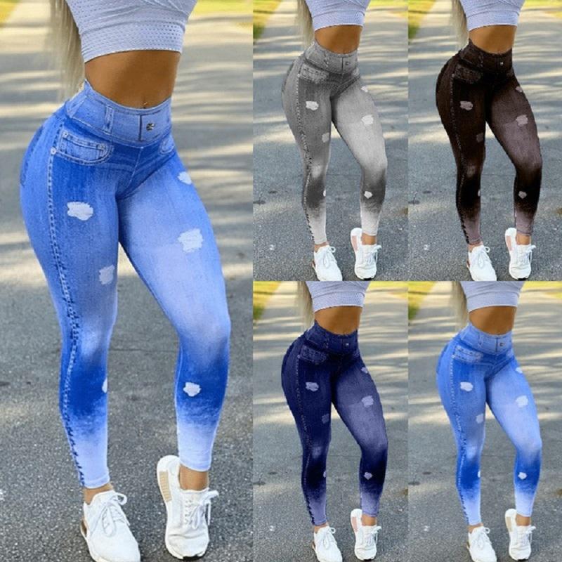 LOULOUAVO Vrouwen Naadloze Faux Denim Jeans Leggings Dames Hoge Taille Sport Yoga Broek Pantalones De Mujer L zwart