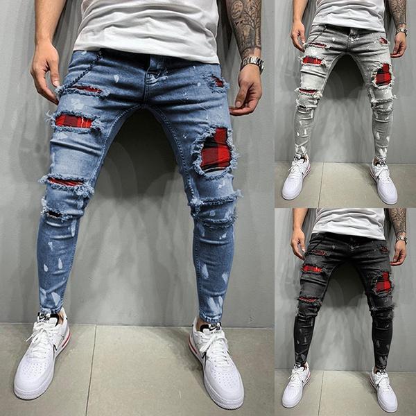 Top Suit Herenmode gescheurde jeansbroek geruite contrasterende hoge elastische stretch denim jeans casual broek broek XXXL blauw