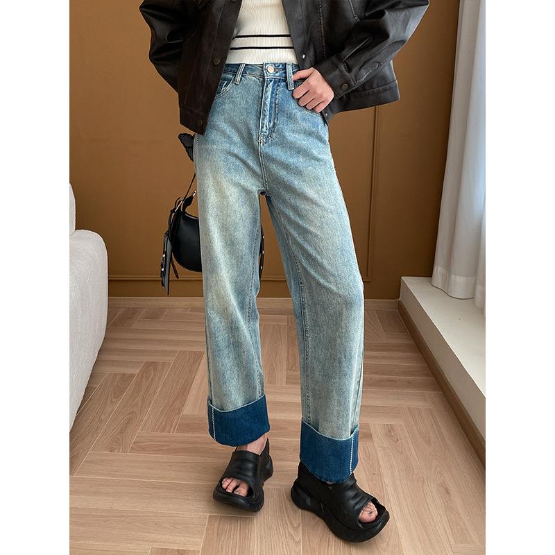 Femme Fashion Kleurblokken met rolzoom en stiksels met wijde pijpen, vroege lente XL lichtblauwe kleur