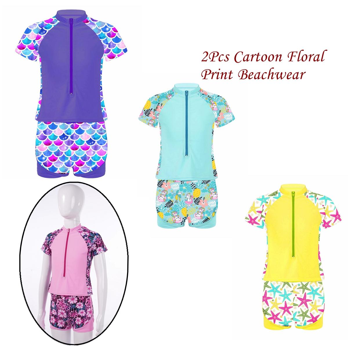 RUNQHUI Kinderen Meisjes Badmode Pak Staande Kraag Korte Mouwen Voorkant Ritssluiting Print Tops Elastische Tailleband Shorts Sets 13-14 Years blauw