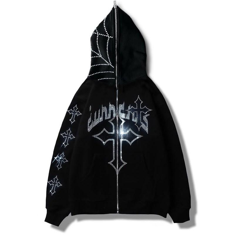 ZSIIBO Amazing Mannen Y2K Fashion Hoodie Strass letter graphics Print Zip Hoodie kleding Hoodies Goth Sweatshirt met lange mouwen Oversized Top XL zwart