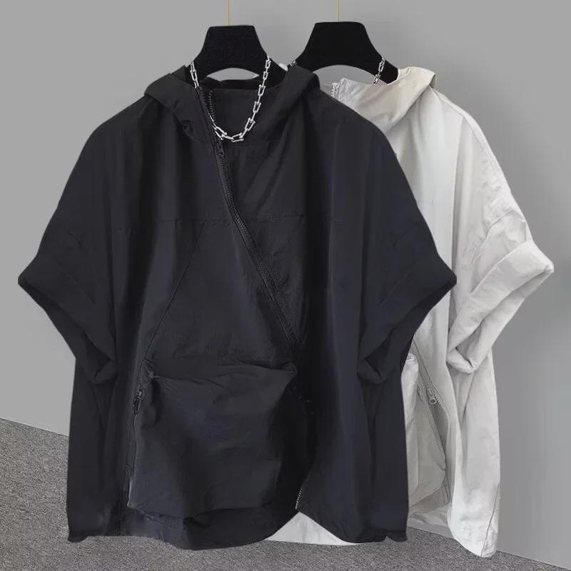 VantaGoods Heren zomer Koreaanse stijl capuchon rits werkkleding T-shirt met grote zakken XXL zwart
