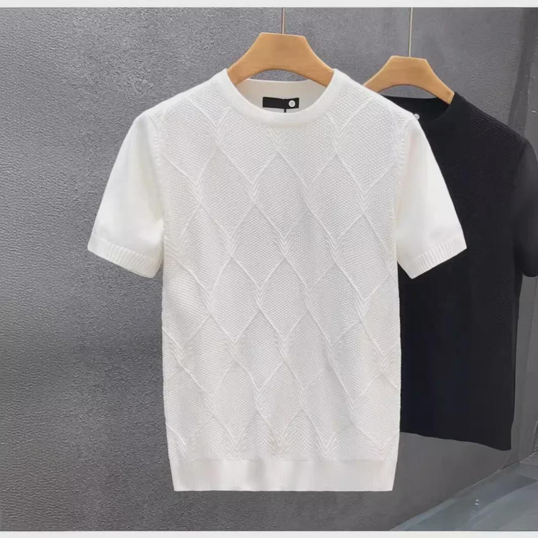 VantaGoods Heren Ruiten Ruiten Korte Mouw Witte Trui - Trendy Koreaans Slim Fit Zomer Gebreid Shirt Large wit