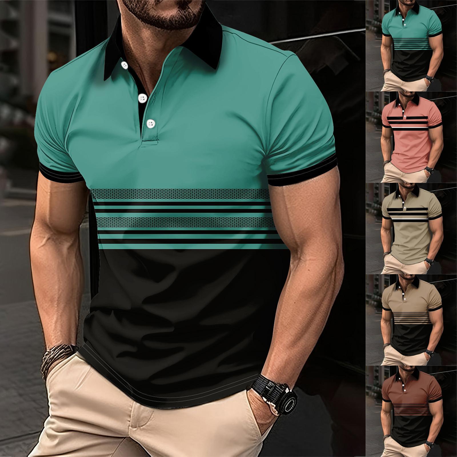 Wahaha123 Golfshirt voor heren Casual Sport V-hals Geribbelde kraag Korte mouw Mode Casual Effen Kleur Effen Lente en zomer Normale pasvorm M kaki