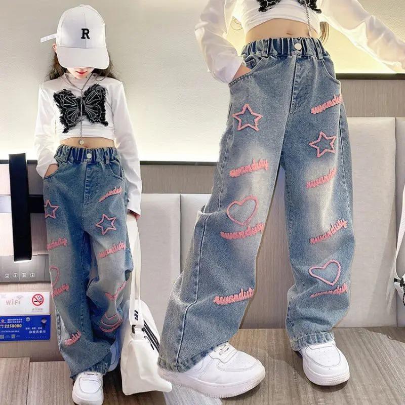 LAOHU Lente Tienermeisjes Jeans Sterren Liefde Handdoek Geborduurd Wijde Pijp Lange Broek Baggy Denim Broek Kinderen Meisje 150cm blauw
