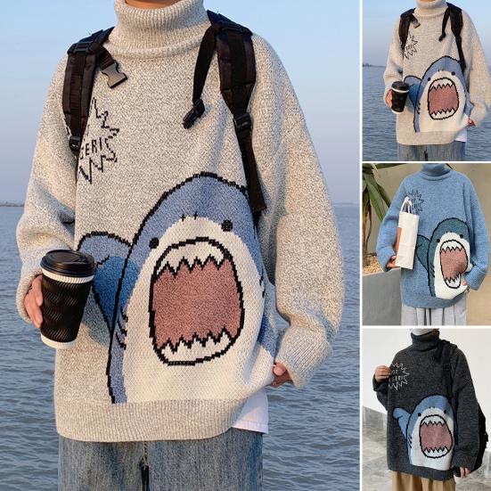 FP64TH Heren Wintertrui Hoge Kraag Nekbescherming Lange Mouwen Dik Gebreid Warm Los Cartoon Haaienprint Herfsttrui voor School XL grijs