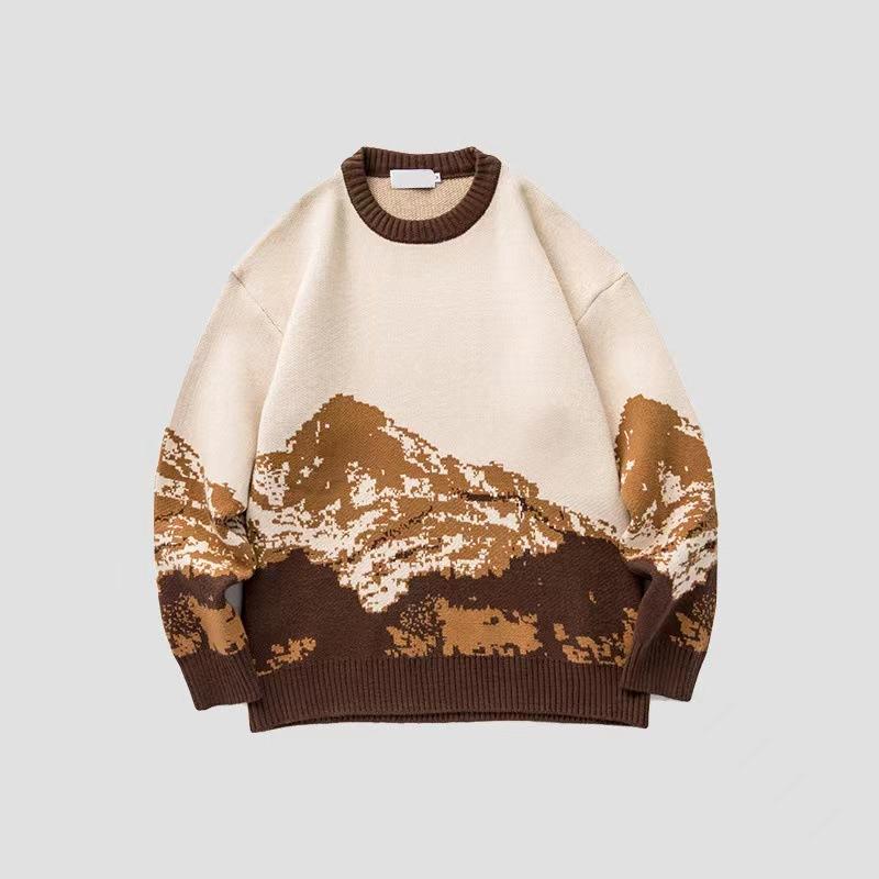 VIYOO Herfst en winter tie-dye Snow Mountain Trendy merk ronde hals trui heren losse trui college lange mouwen trui voor heren XL koffie