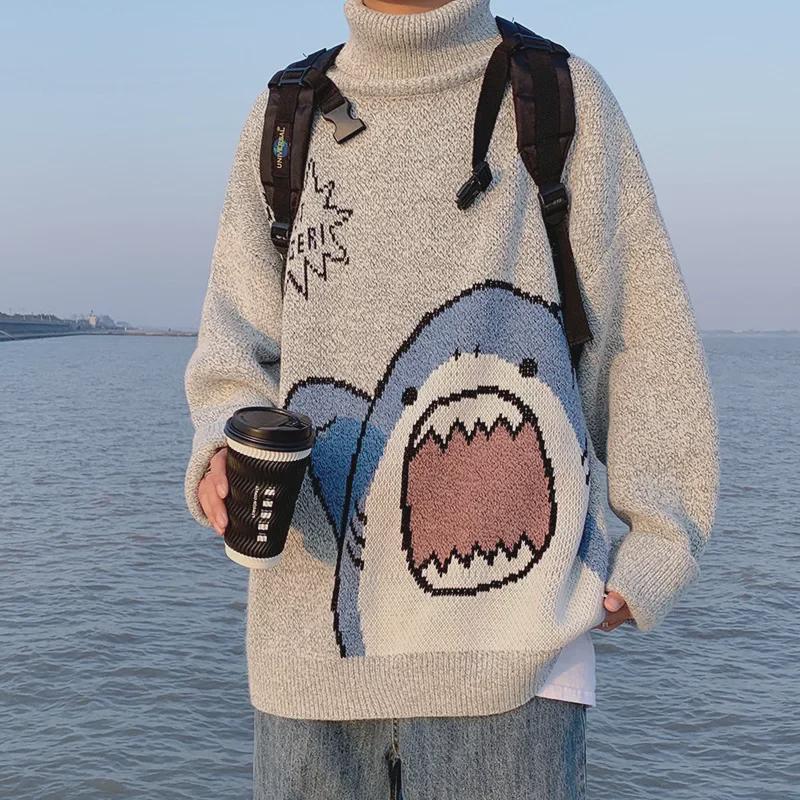 VantaGoods Wintertrui met hoge kraag en cartoonhaai – Trendy Koreaanse losse pasvorm voor koppels XXL
