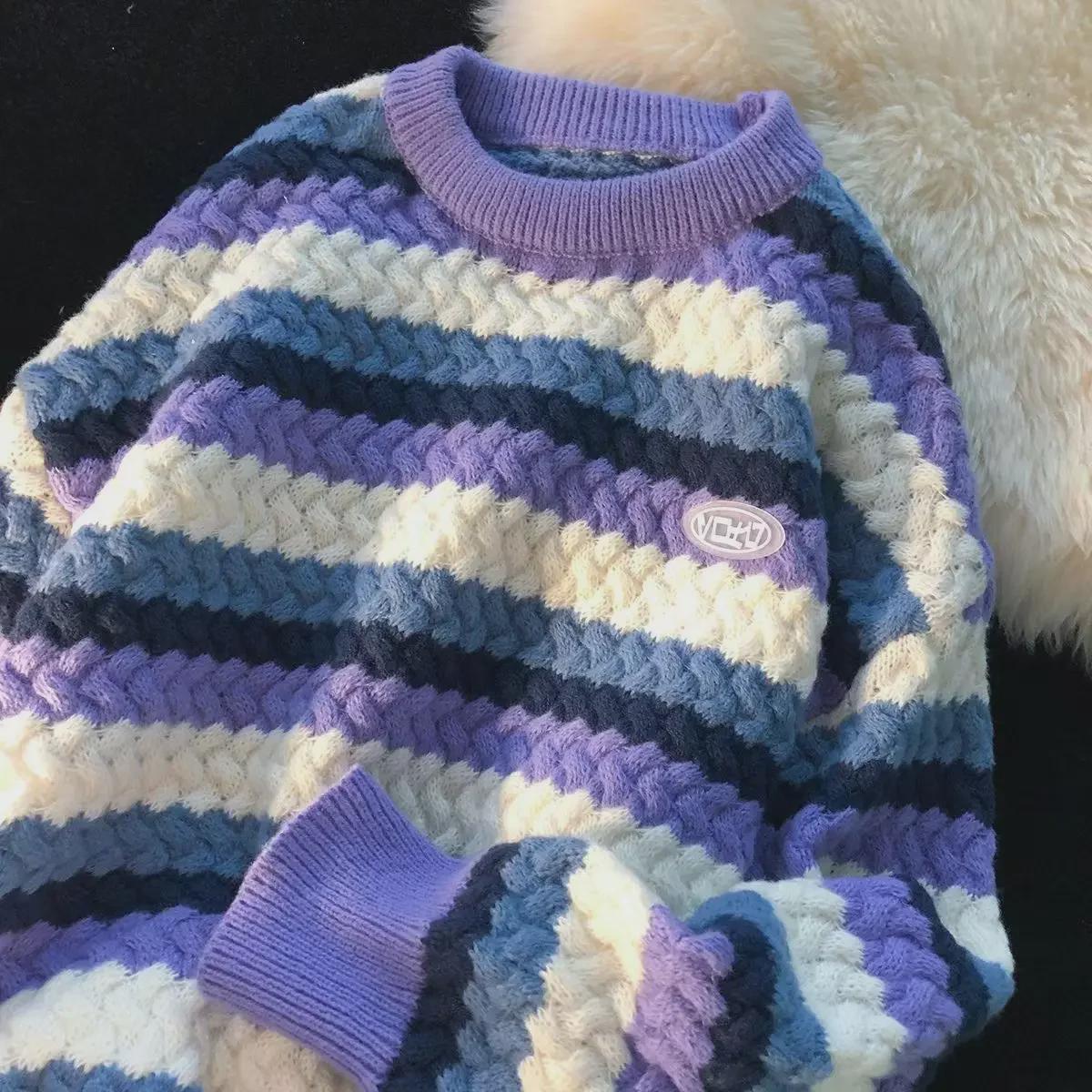 VantaGoods 2022 Heren Retro Regenboog Gestreepte Dikke Ronde Hals Trui - Herfst/Winter Extra Large blauw