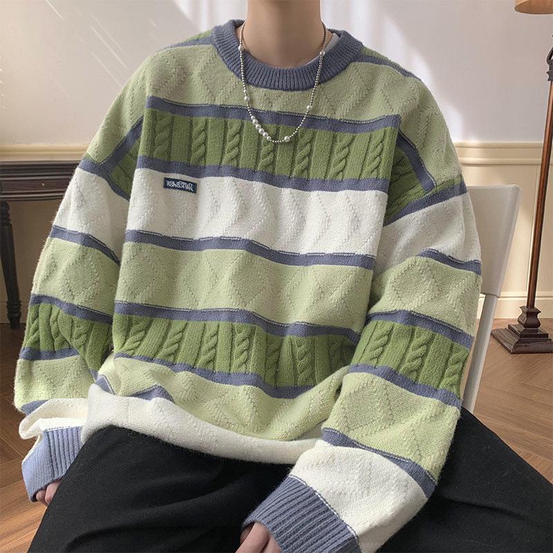 VantaGoods Unisex Vintage Japanse Contrasterende Streep Ronde Hals Trui - Winter College Stijl, Dik Gebreid, Warm voor Mannen en Vrouwen. 2XL groen