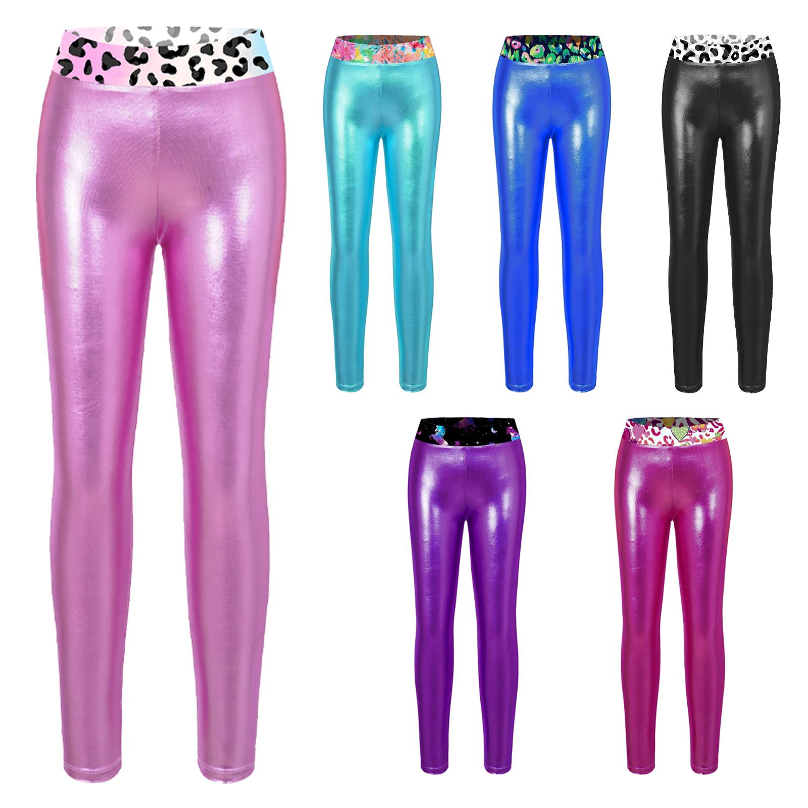 Fldy Kindermeisjesbroeken Kinderen metallic glanzende leggings Potlood skinny broek voor atletische dansgymnastiek trainingskleding 9-10 Years koningsblauwe kleur