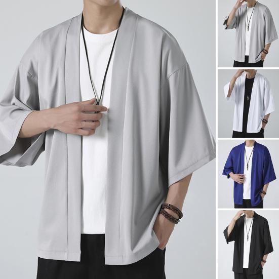 Chosyin Herenoverhemd Kimono Japanse Stijl Effen Kleur Samurai Kostuum Aziatische Kleding Driekwart Cardigan Herenoverhemd Jas 3XL blauw