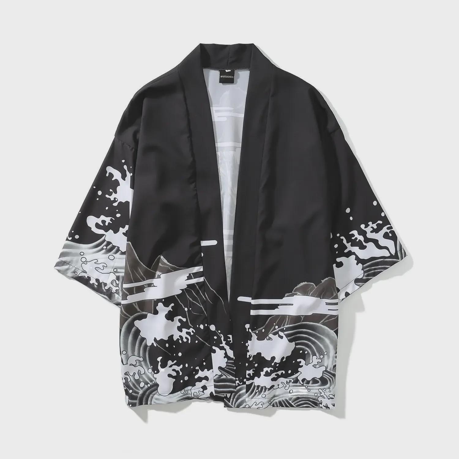 VantaGoods Unisex retro ukiyoe kimono vest: Japans-Chinese fusion, losse pasvorm, 3/4 mouwen 2XL