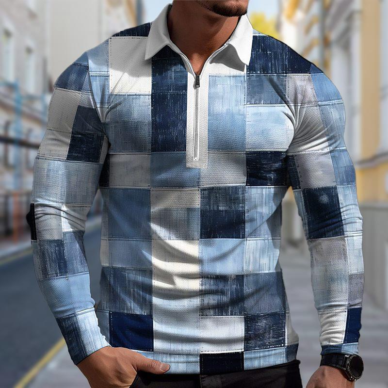 3D Fashion Design Clothing Poloshirts Heren Lange Mouw Verloop Ruitprint Nieuw Heren Poloshirt Lange Mouw Rits T-shirt Top M groen