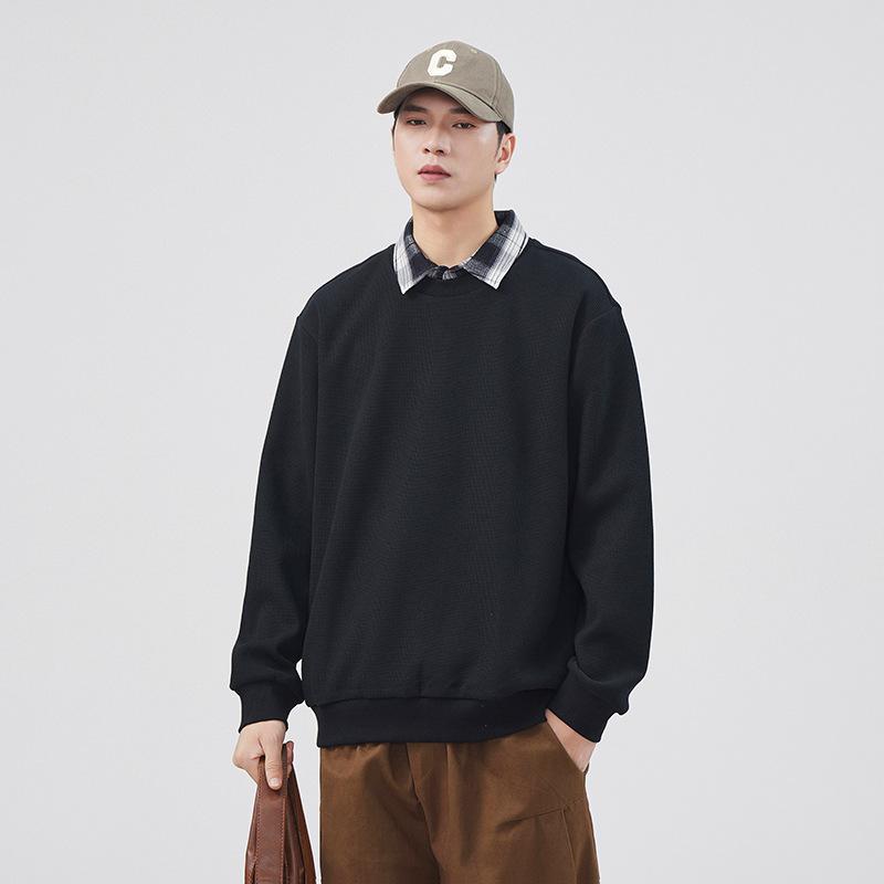 CHARM CLOTHINGS Gestructureerde overhemdkraag nep twee trui heren seizoen trend merk losse trui veelzijdige top 4XL zwart