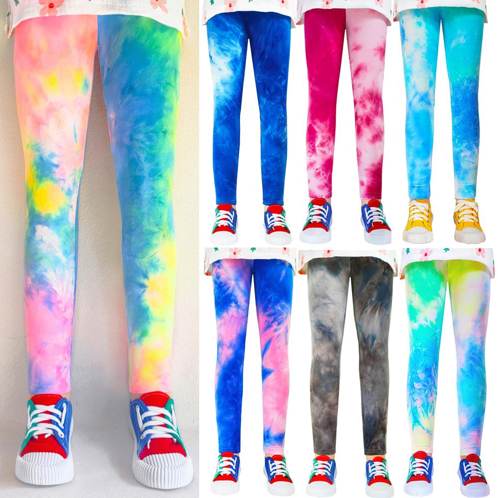 QEENRAAN Kinderbroeken Kleurrijke fluorescerende kleurenprintleggings voor meisjes Broeken Babymeisjes Zachte elastische skinny broek 140 lichtblauwe kleur