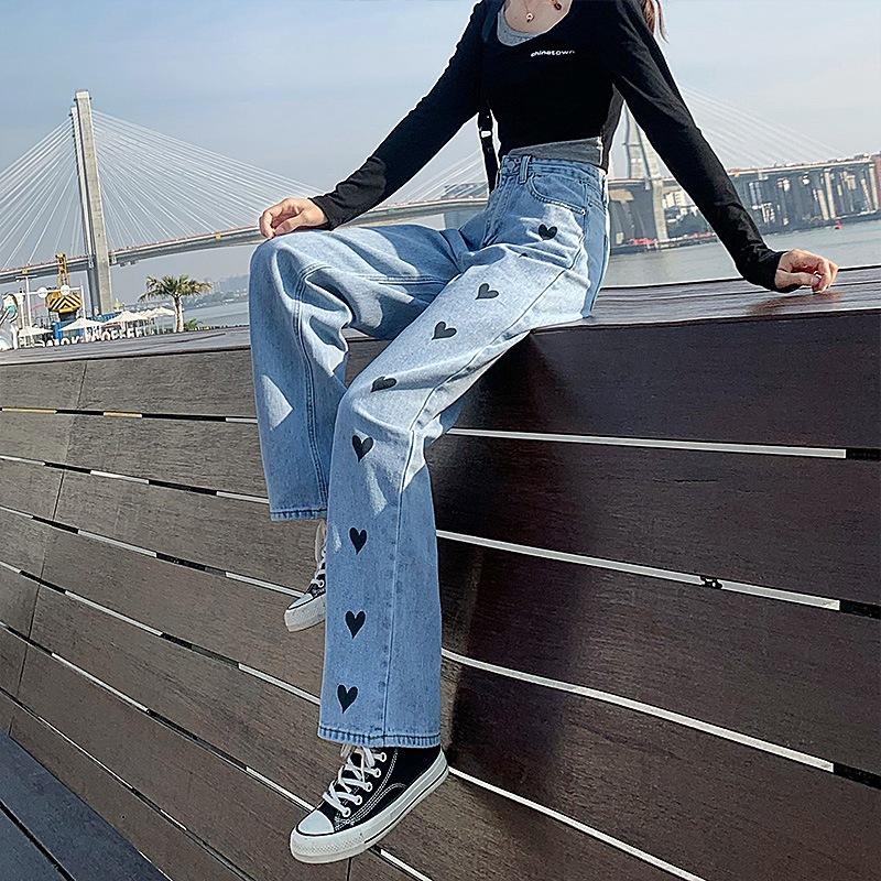 KM83CG Dames Lente Perzik Hart Hoge Taille Jeans Vrouwelijke Slanke Losse Studenten Brede Benen Rechte Lange Broek Dames Slank XL lichtblauwe kleur