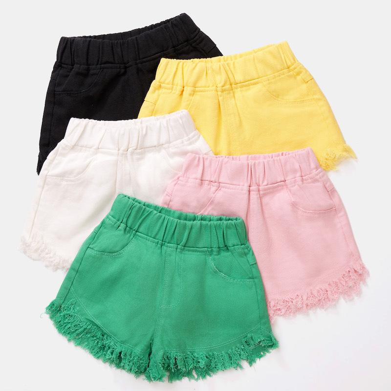 XiaoyuDD Zomermode meisjesshorts Grote jongens Denim Kleurrijke shorts met kwastjes voor 3 tot 12 jaar Uitloper Trendy kinderbroeken 140 geel