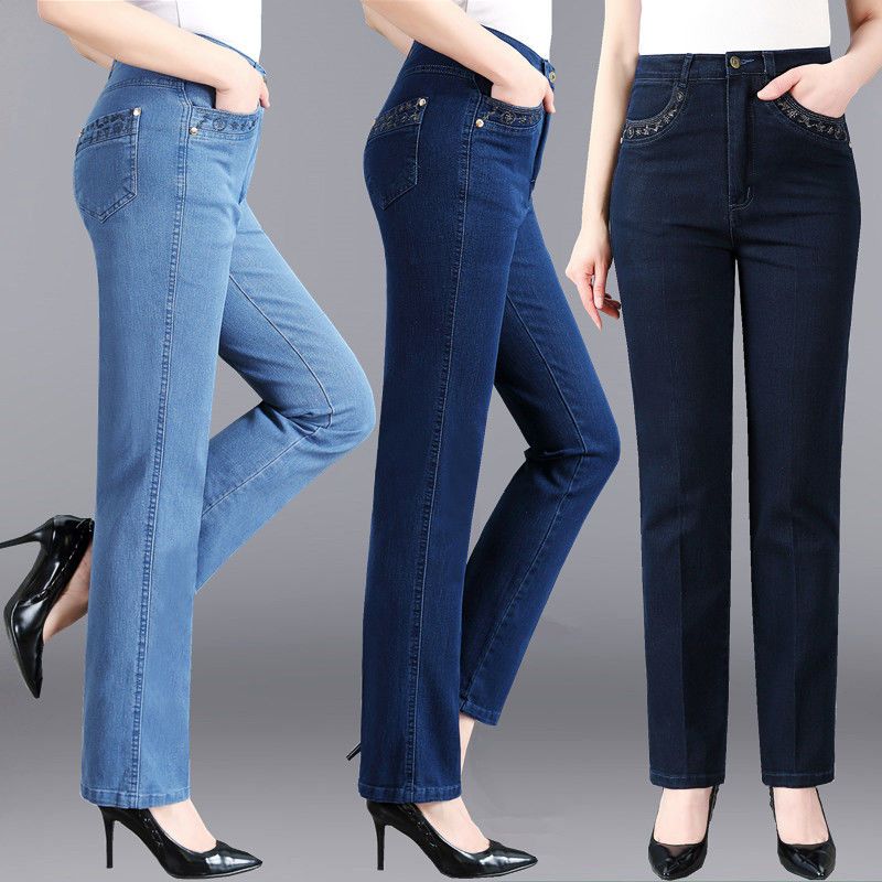 Hawayi Oversized 38 Mother Jeans met lenteborduursels, zakken, hoge taille, losse rechte pijpen, casual denim broek voor dames 33 blauw