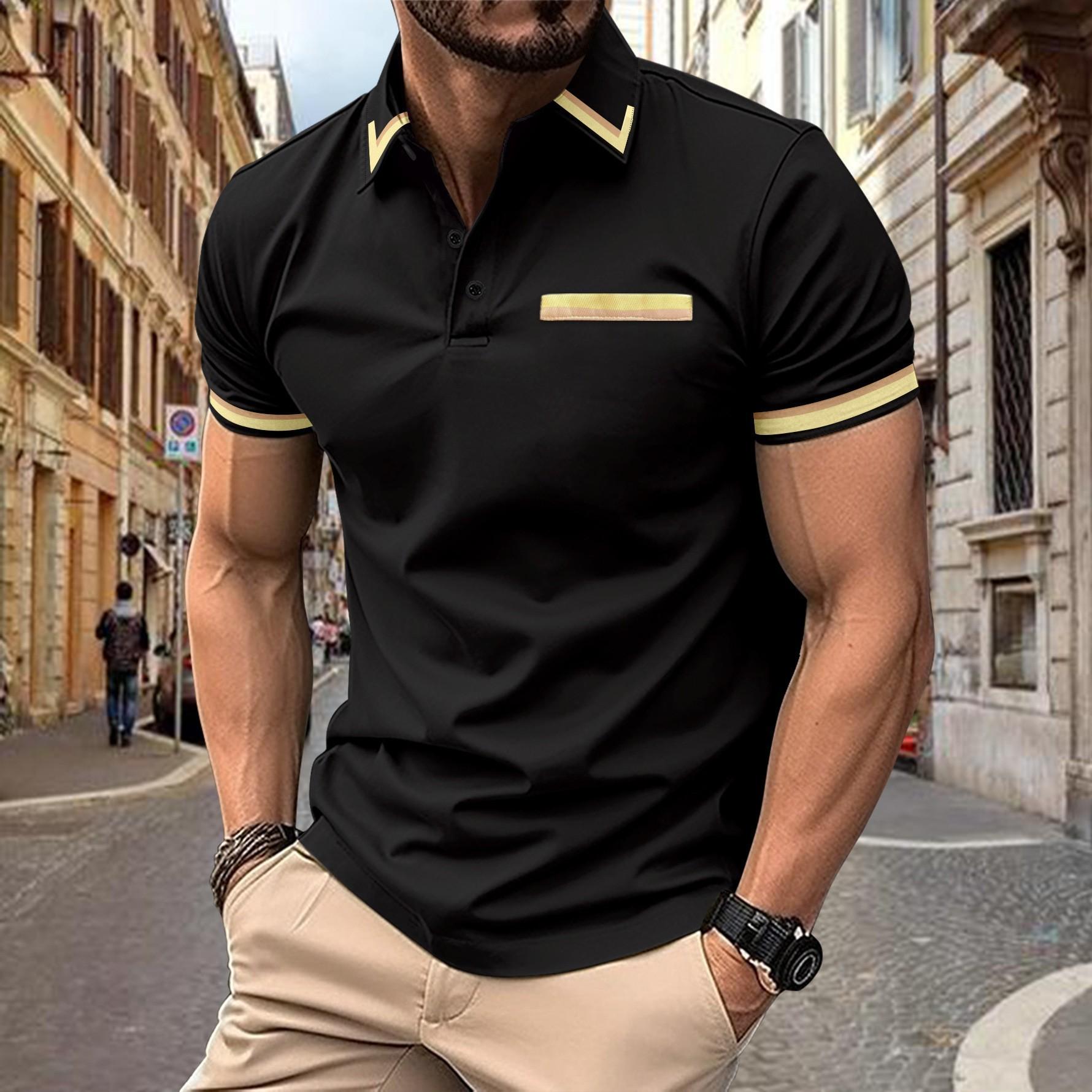 Fashion human Heren Casual Polo Shirt Borstzak Mode Matching Kleur Revers Peplum T-shirt Zwart Top XXL