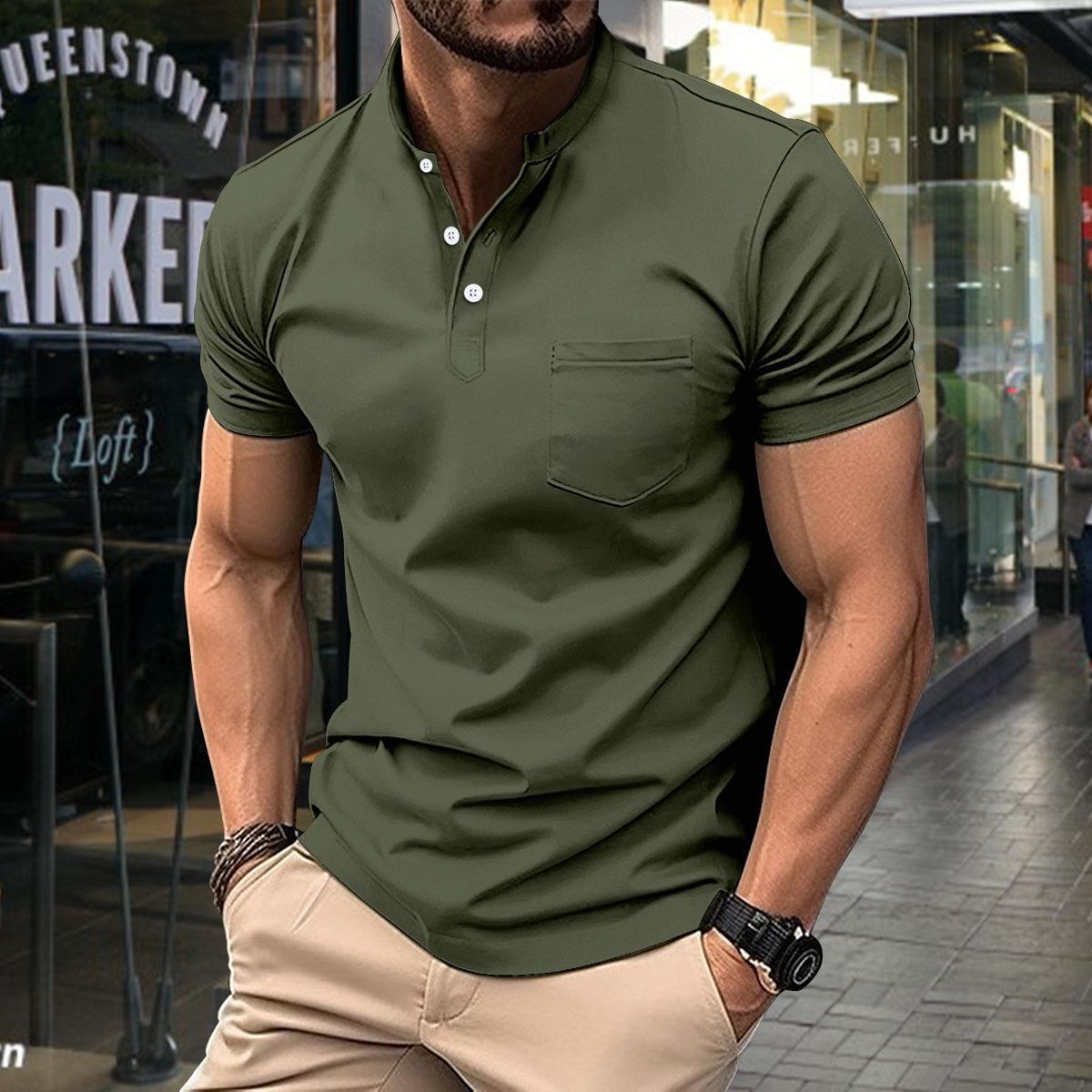 Top Men Wardrobe Heren zwaargewicht slim-fit Henley poloshirt met opstaande kraag, korte mouwen, nieuwe Amerikaanse stijl S denimblauwe kleur