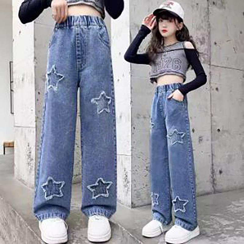LAOHU Tienermeisjes wijde cargo jeans lente herfst mode kinderen casual denim broeken schoolkinderen rechte baggy broeken 160cm