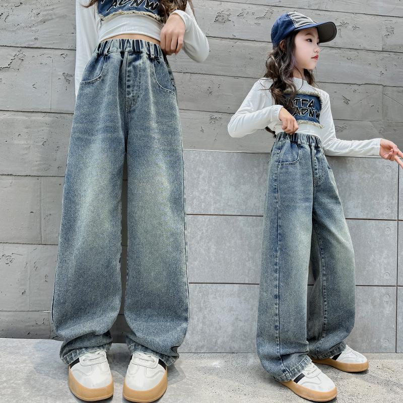 Mysterious Gift Meisjes denim wijde pijpen broek lente en herfst jeans trendy stijlvolle kinderen losse zakken afslankende rechte pijpen broek 150 blauw