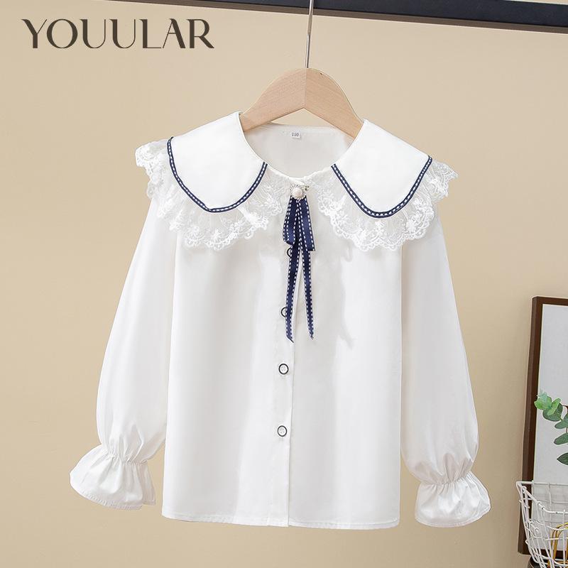 YOUULAR Lente 2024 Lente Kindershirt Meisjes Kantkraag Wit Shirt Meisjes Lange Mouw Shirt 140