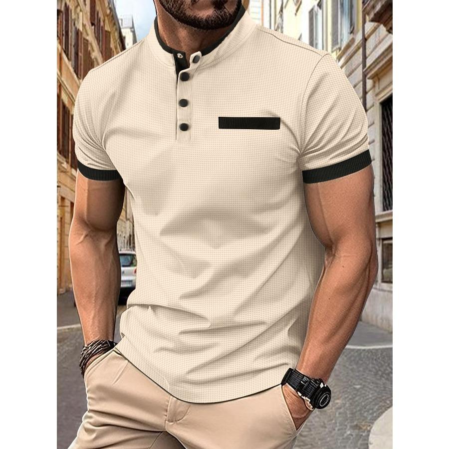 HerSight Heren Zomer Plaid POLO Shirts Opstaande Kraag Patchwork Zak Korte Mouw Tops Heren Sport Polo Shirt 3XL kaki