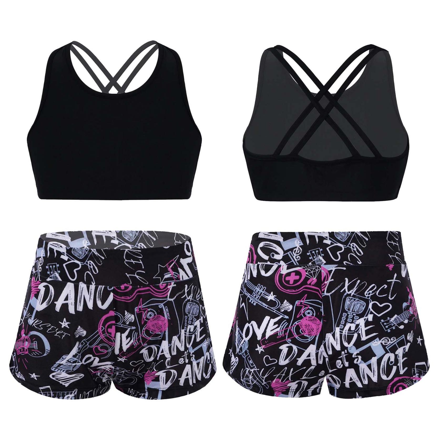 IEFiEL Kinderen meisjes bedrukte Rash Guard tankini sport crop top + zwemshort badpak strandbadkleding 15-16 Years zwart/helder roze