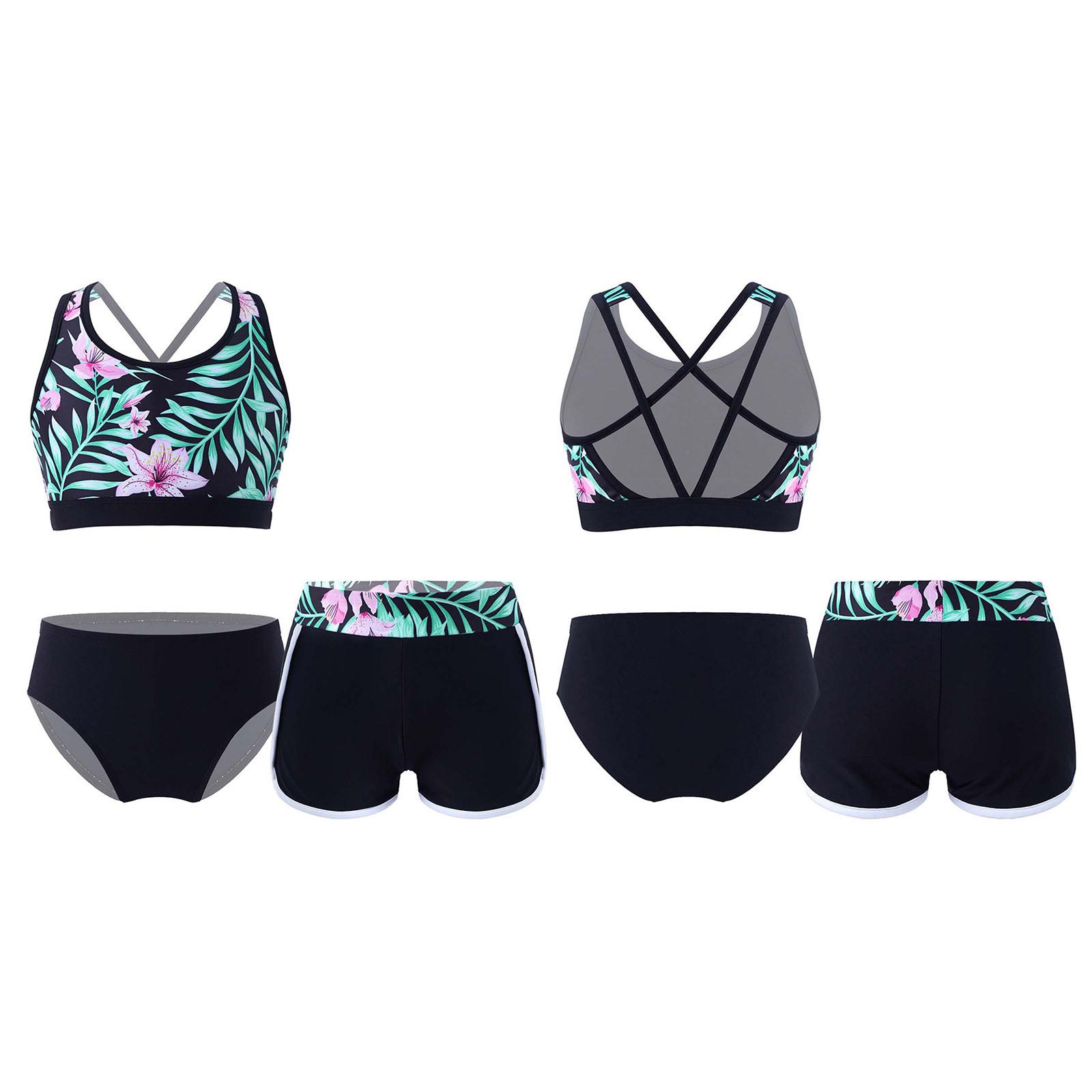 Fldy 3-delige kindermeisjes badmode U-hals print crop tops met shorts en slips set strand zwembad Rashguard pak 15-16 Years