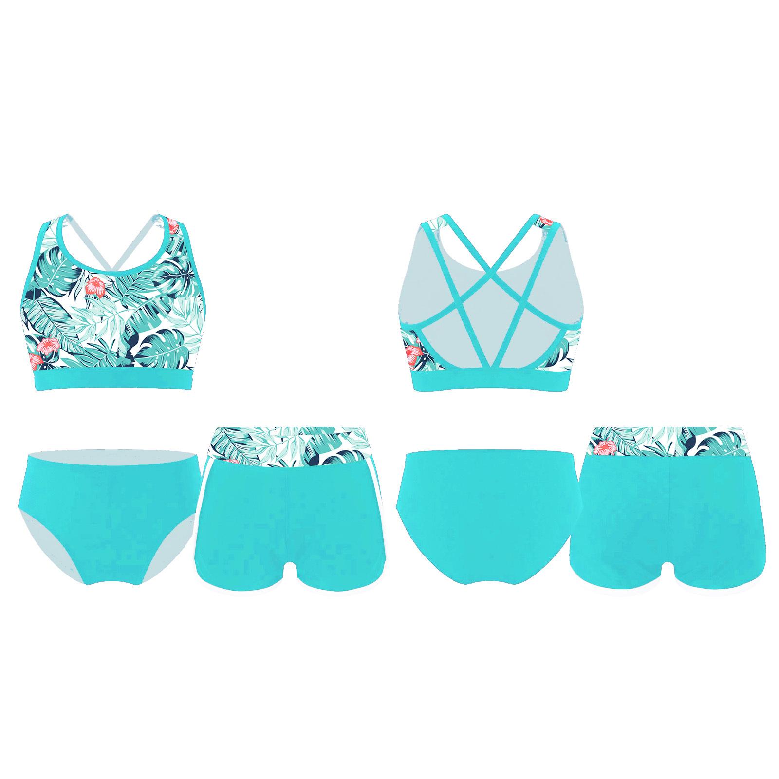 Fldy 3-delige kindermeisjes badmode U-hals print crop tops met shorts en slips set strand zwembad Rashguard pak 13-14 Years groen