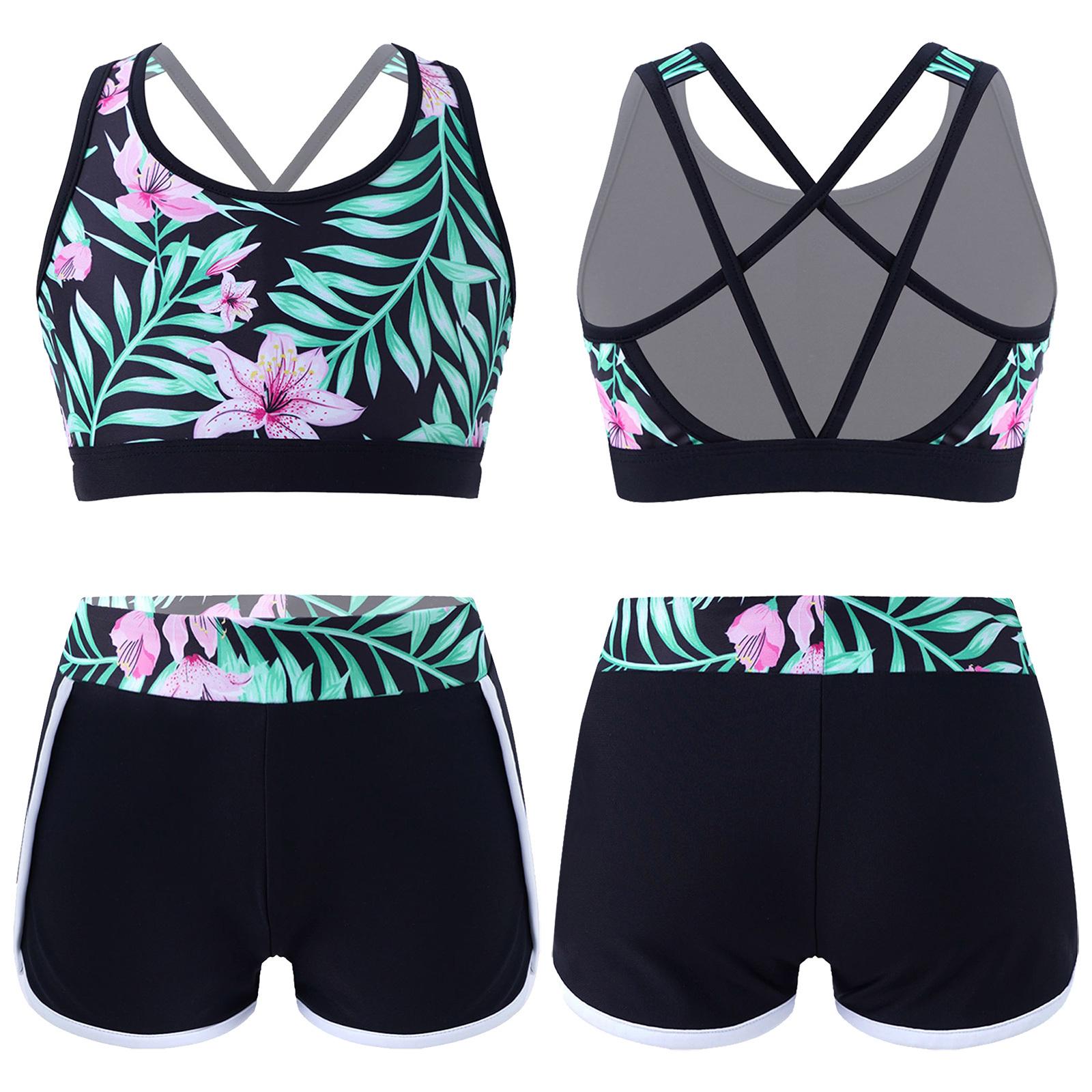 Yeahdor 2 stuks bedrukte badpakoutfit voor meisjes met U-hals, bandjes op de rug en crop top met boyshorts, shorts en broeken, badpak voor op het strand, zwembad, zwempak 15-16 Years zwart/groen