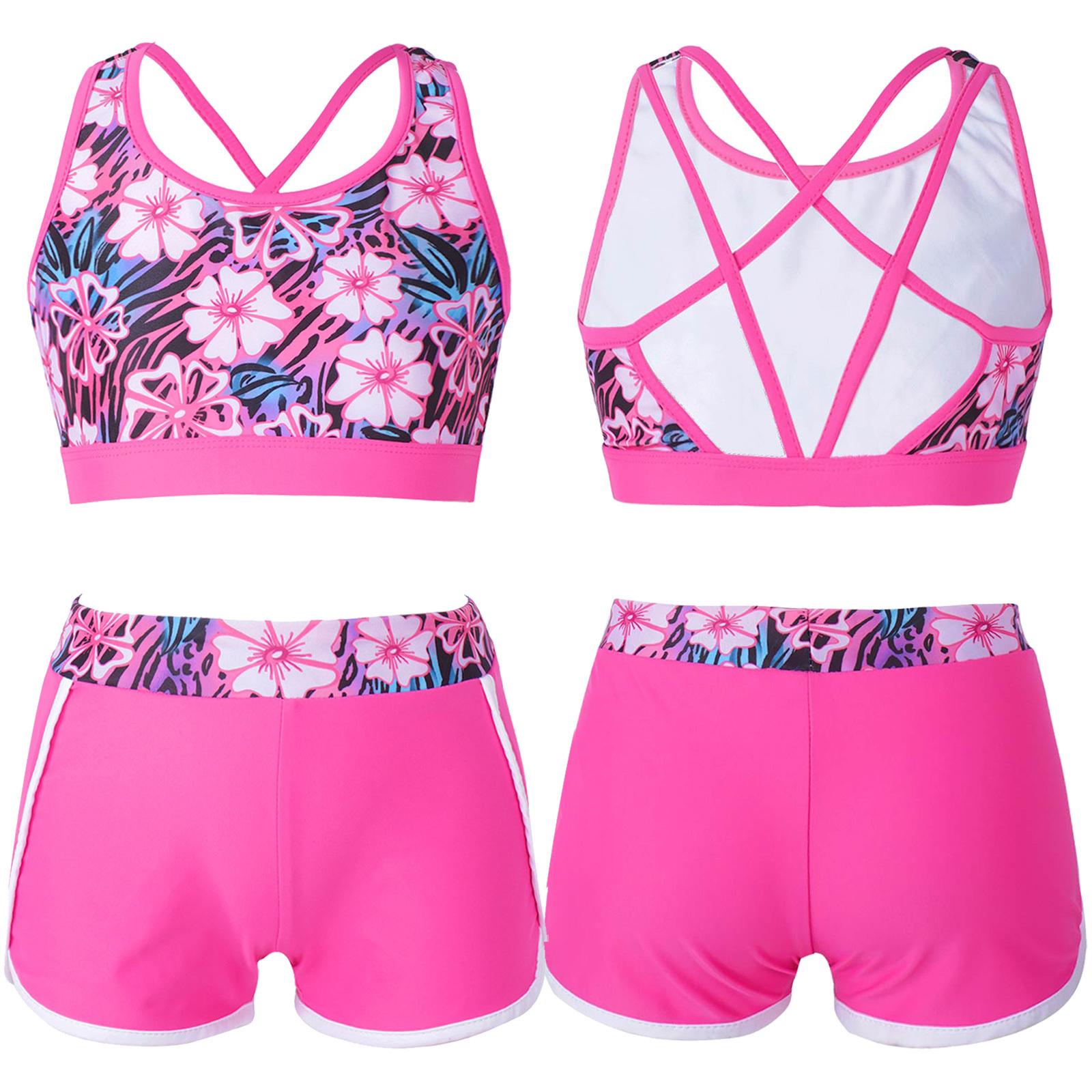 IEFiEL 2 stuks kindermeisjes bedrukt badpak outfit mouwloze strappy back crop top met shorts bottoms activewear set badmode 7-8 Years rozerode kleur