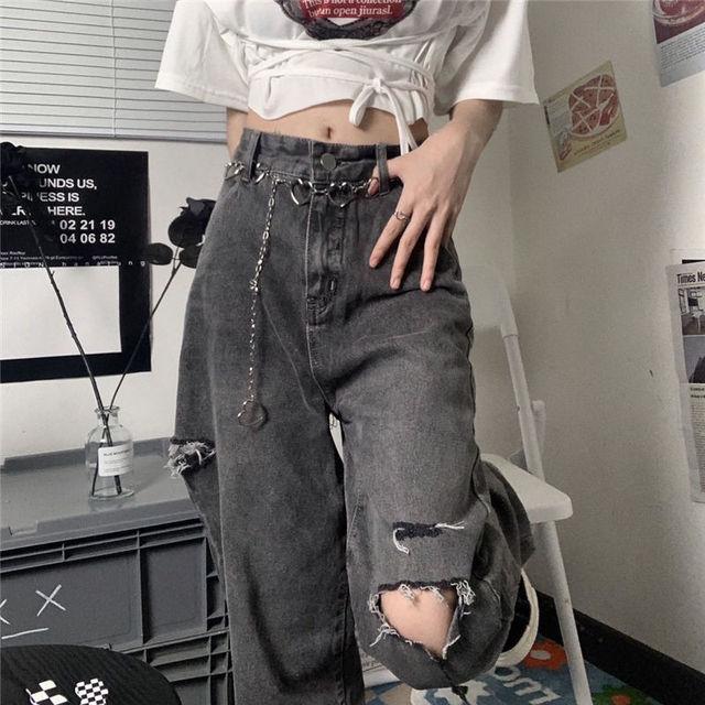 WQJ17EP Streetwear Ripped Jeans Dames Hoge Taille Jeans Losse Rechte Wijde Pijpen Jeans XXL donkergrijze kleur