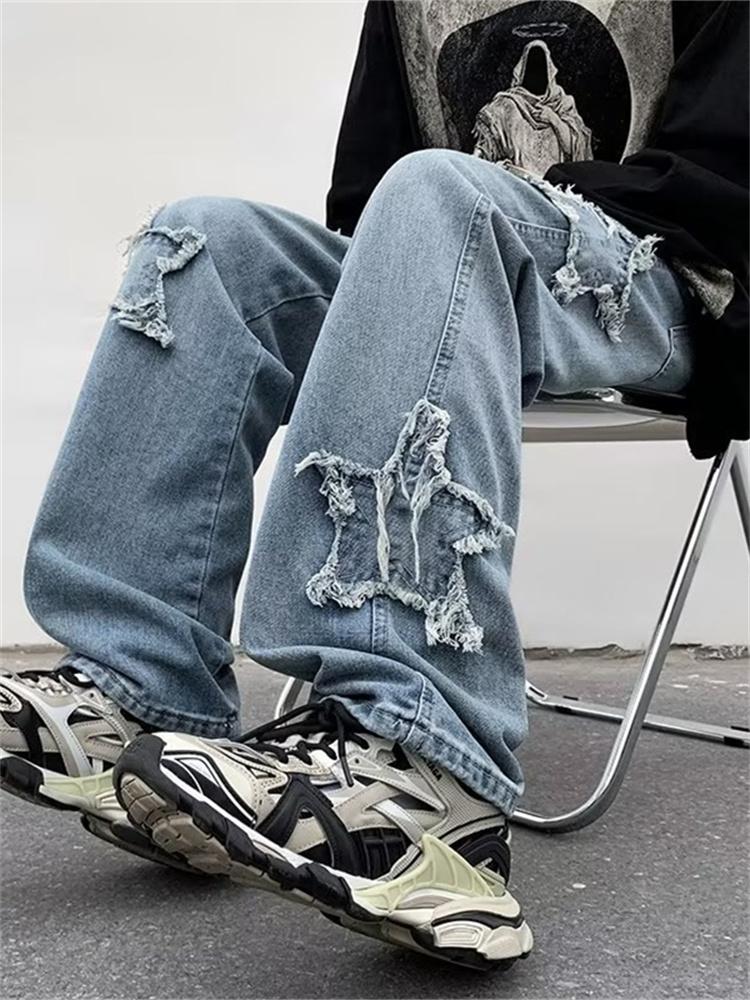 Transmission Gate Sterren Handdoek Borduren Bruin Baggy Dames Jeans Broek Y2K Kleding Rechte Hip Hop Katoenen Broek Pantalon L blauw