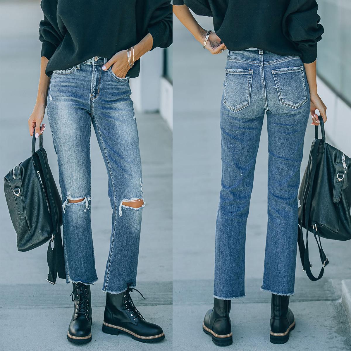 Omena 2023 Blauwe New Hole Straight Damesjeans XL blauw