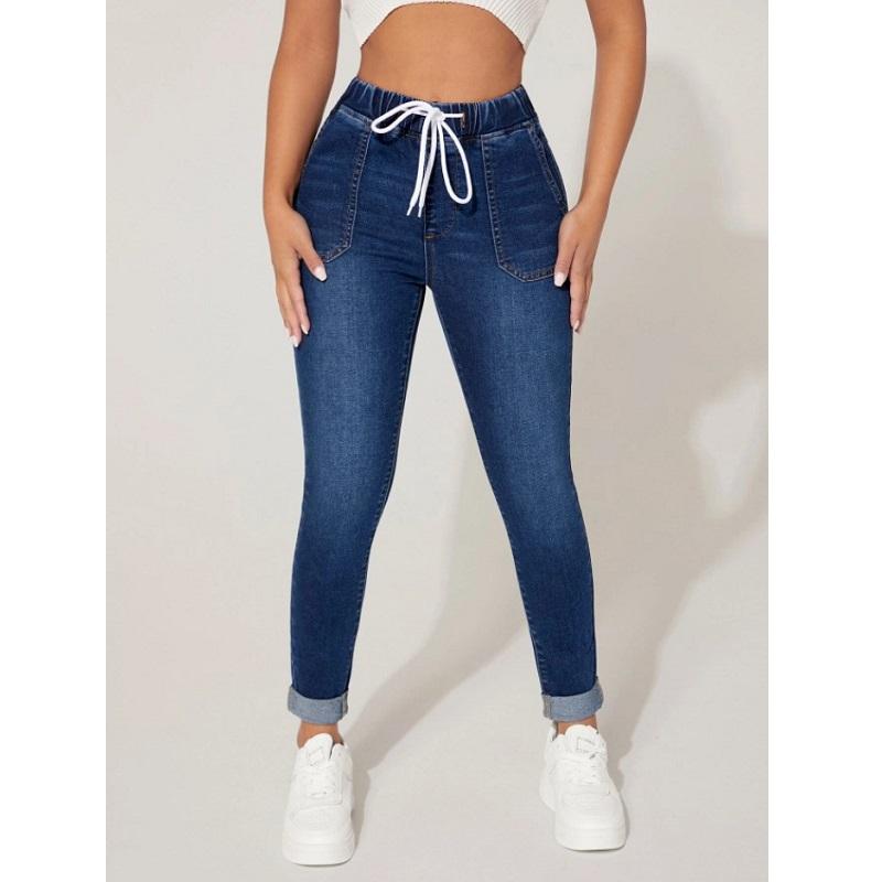 Fahion Jeans Denim jeans met trekkoord in de taille voor dames Hoge taille Stretch potloodbroek pantalones de mujer XXL blauw