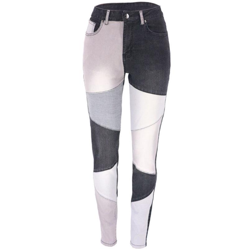 D Sexy Beauty Damesjeans Slanke panelen patchwork broek hoge taille split blauwe lange katoenen broek herfst winter L
