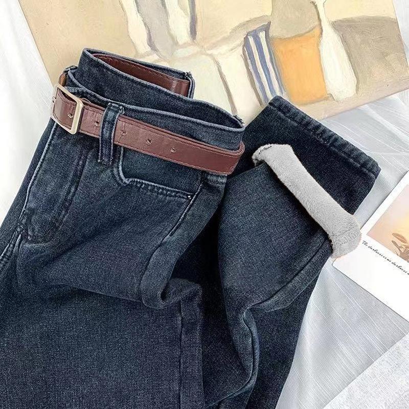 Kayusha Winter verdikte warme Harun-broek Rechte pijpen Slanke damesmode Jeans Casual broek XL marineblauwe kleur