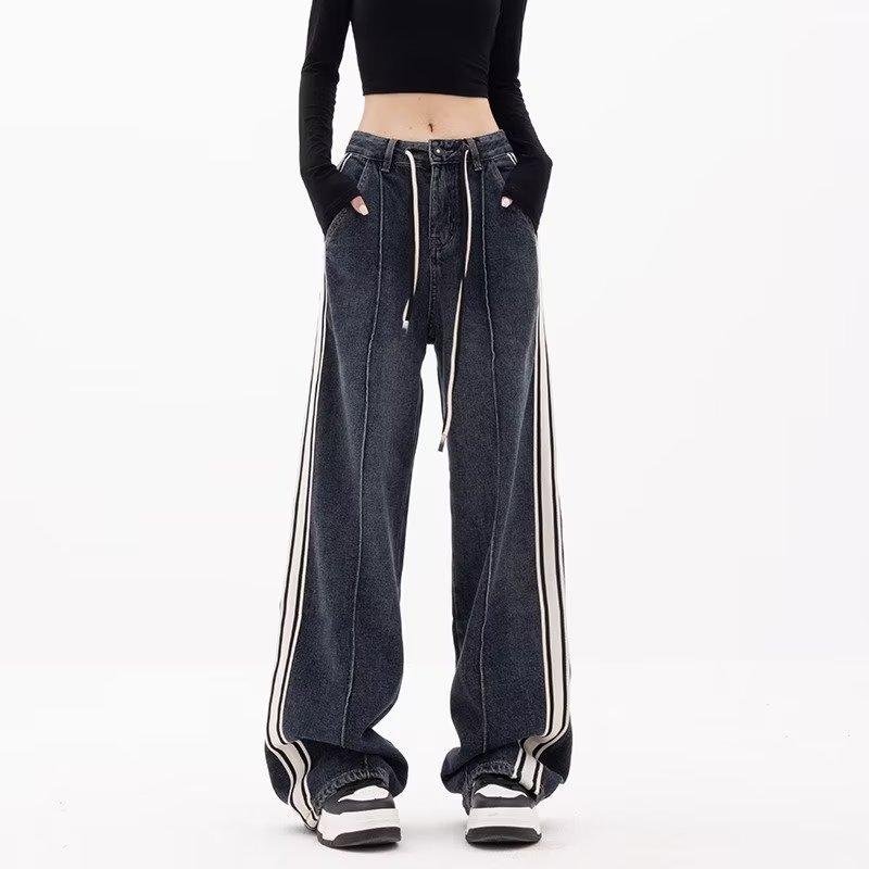 CANVAUS Plus-size retro rechte jeans met trekkoord Dames lente en zomer losse rechte broek met wijde pijpen 5XL