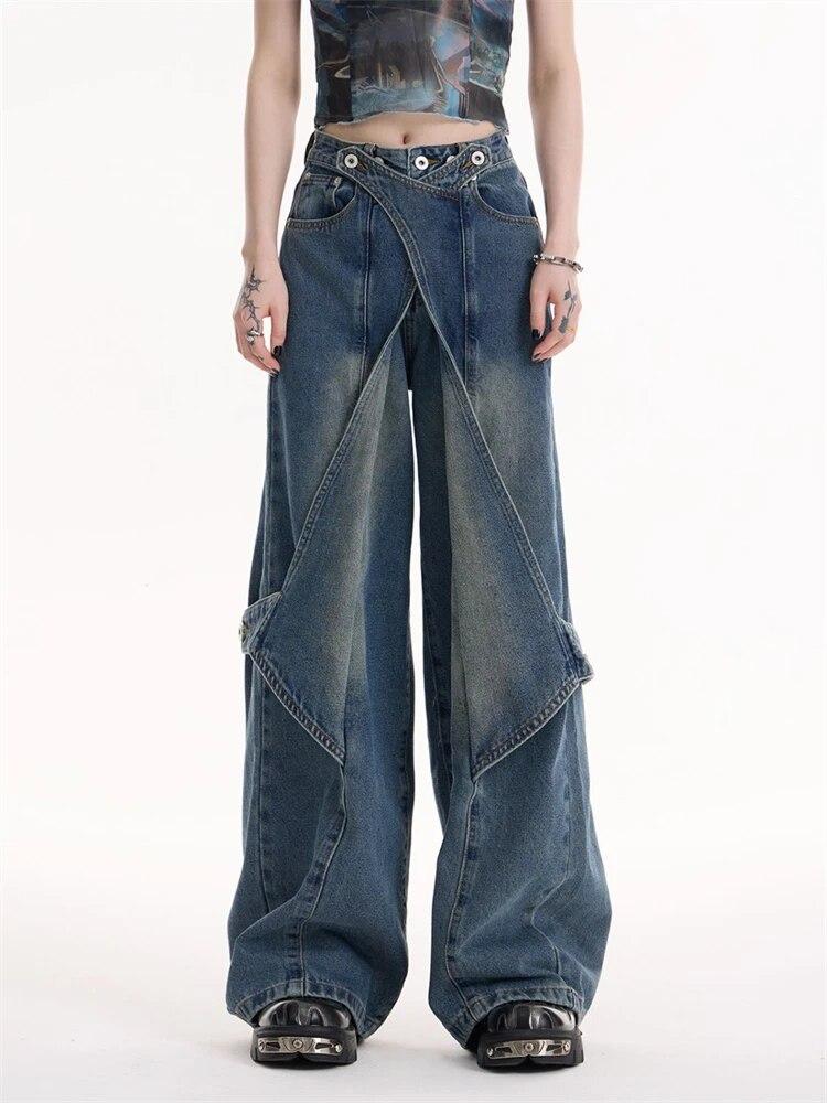 Diana Fashion Clothes Amerikaanse Vintage Hoge Taille Ontwerp Jeans Vrouwen Mode Casual Patchwork Losse Broek Vrouwelijke High Street Onregelmatige Harajuku Cowboy Broek XXXL blauw