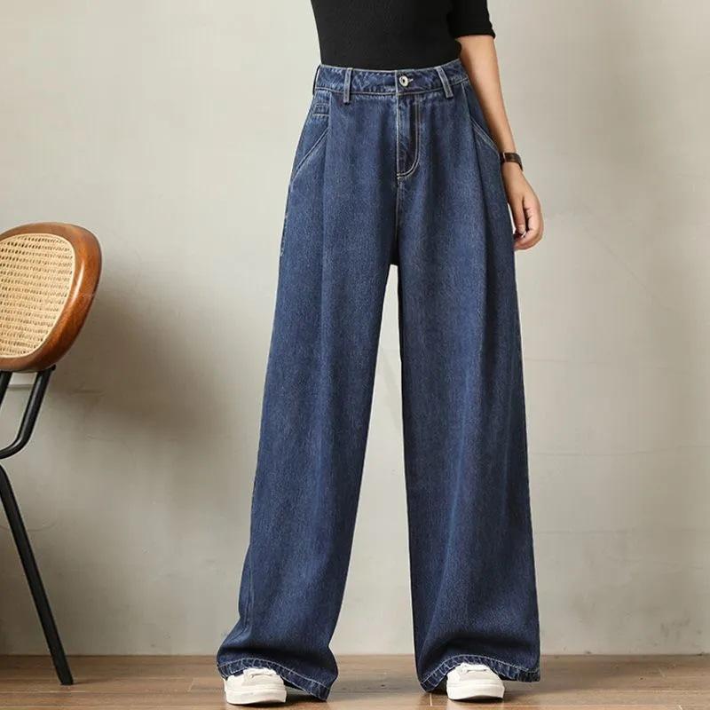 Mille Lente dames modieuze casual jeans met hoge taille en wijde pijpen 34 donkerblauwe kleur