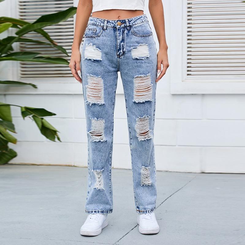 Best do it Vintage blauwe mid taille casual jeans dames stijlvolle gat denim broek voor dames elegante effen kantoor dame gescheurde jeans vrouwelijke kleding 24121 3XL blauw