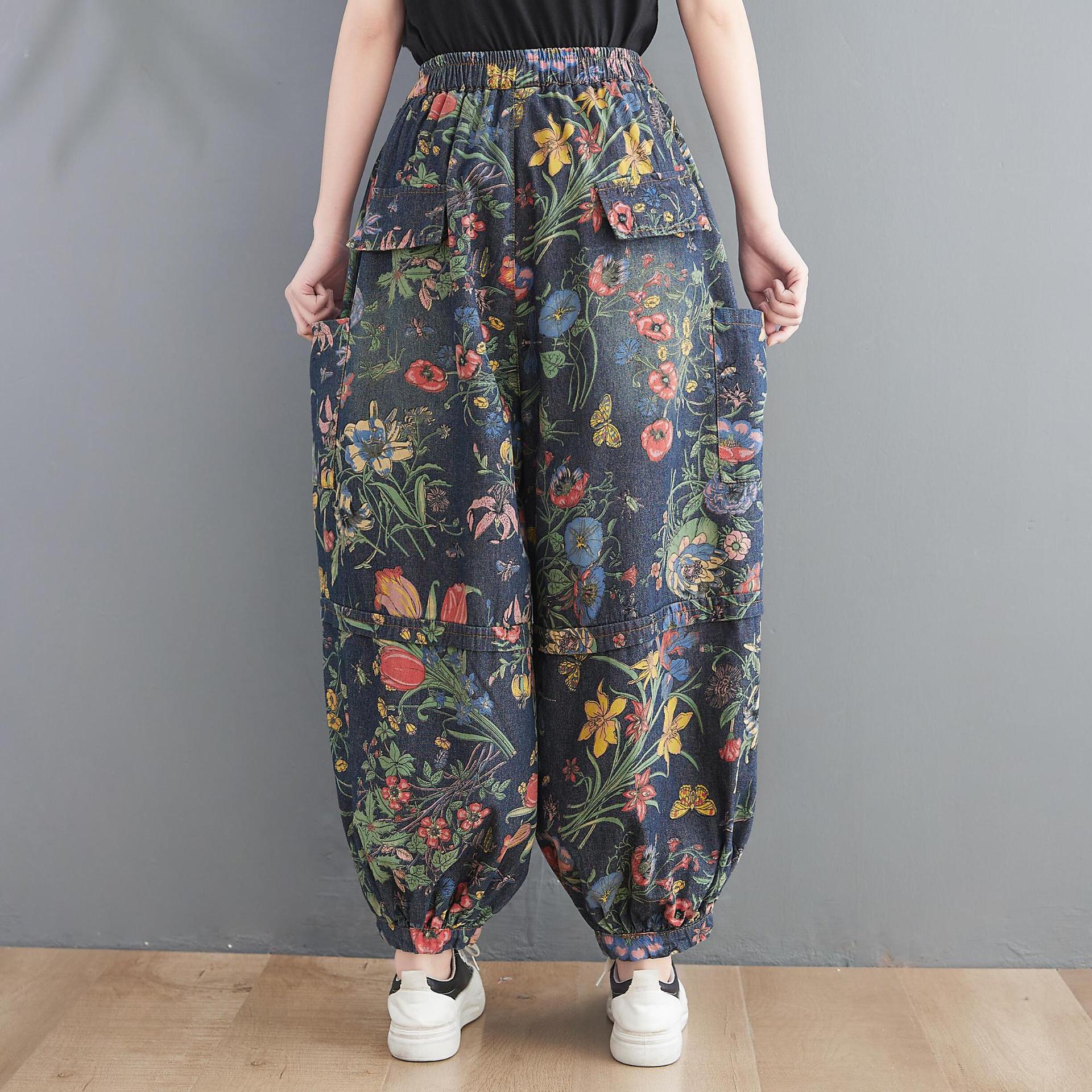 Heihei Wijde pijpen harem bloemen jeans dames nieuwe mode dames vintage denim broek vrouwelijke street style oversized hoge taille broek L zwart